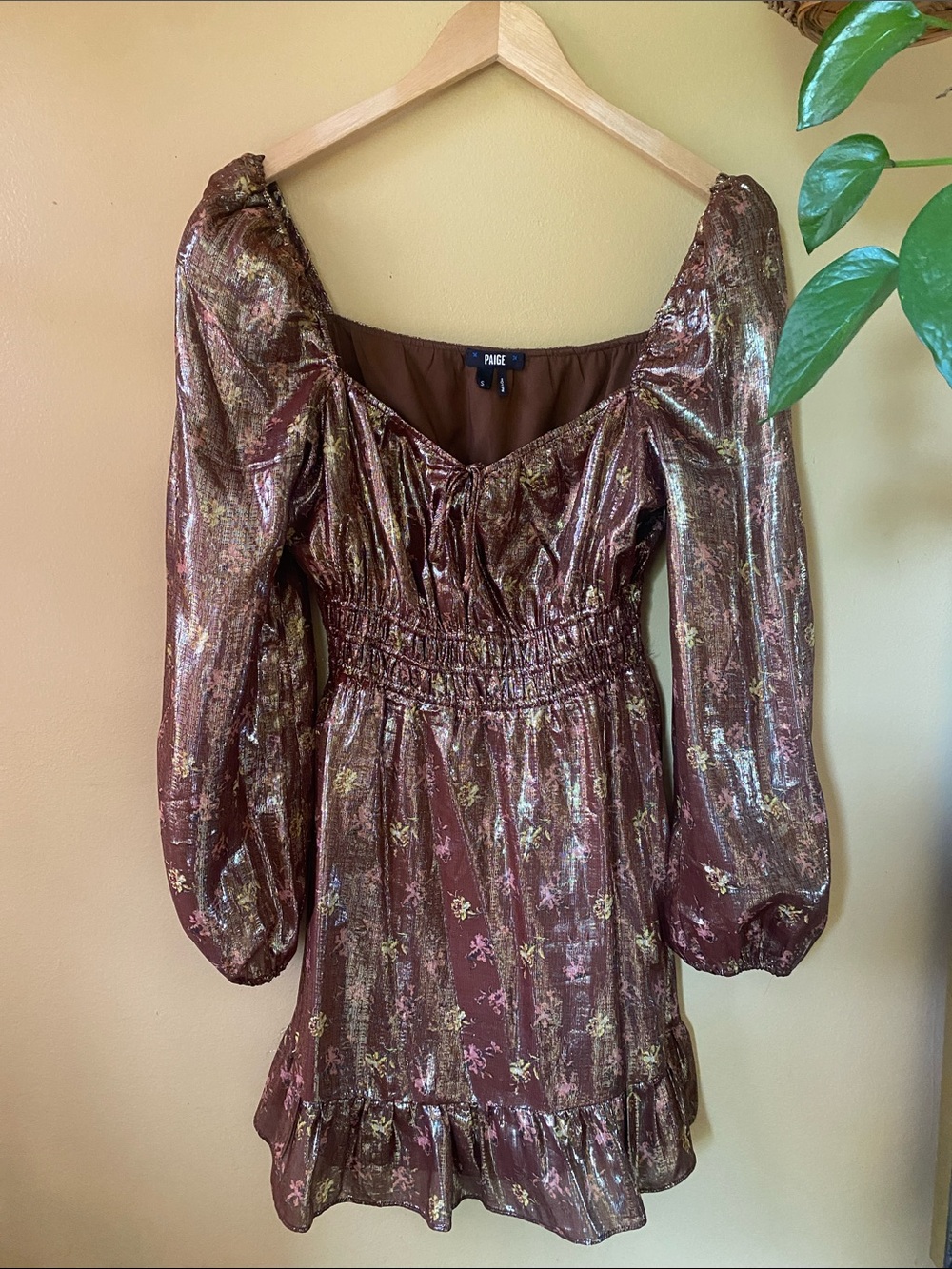 PAIGE Metallic Brown Floral Puff-Sleeve Mini Dress size S